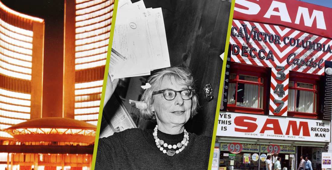 a building, a woman with glasses and a storefront